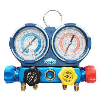 Gruppo manometrico a 4 vie multi-gas per R32 e R410A con 3 fruste da 1500mm.