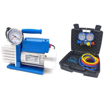 Kit professionale per vuoto e carica R32 con pompa bistadio 70 lt/min e gruppo manometrico 4 vie in valigetta