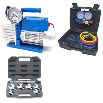 Kit Elite per installatori condizionamento: pompa vuoto 70L, manometro 4 vie e chiavi dinamometriche.