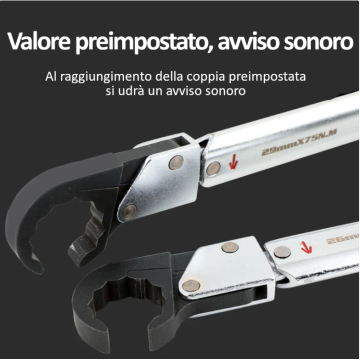 Dettaglio testa a cricchetto per chiave dinamometrica con sistema di avviso acustico.