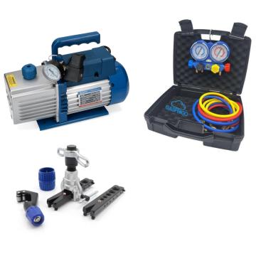 Kit condizionatori: pompa 127L bistadio, manometri 4 vie R32 e cartellatrice a frizione con cricco.