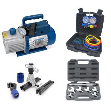 Kit Elite condizionatori: pompa vuoto 127L bistadio, manometri 4 vie, cartellatrice a frizione e chiavi dinamometriche 10-70Nm.